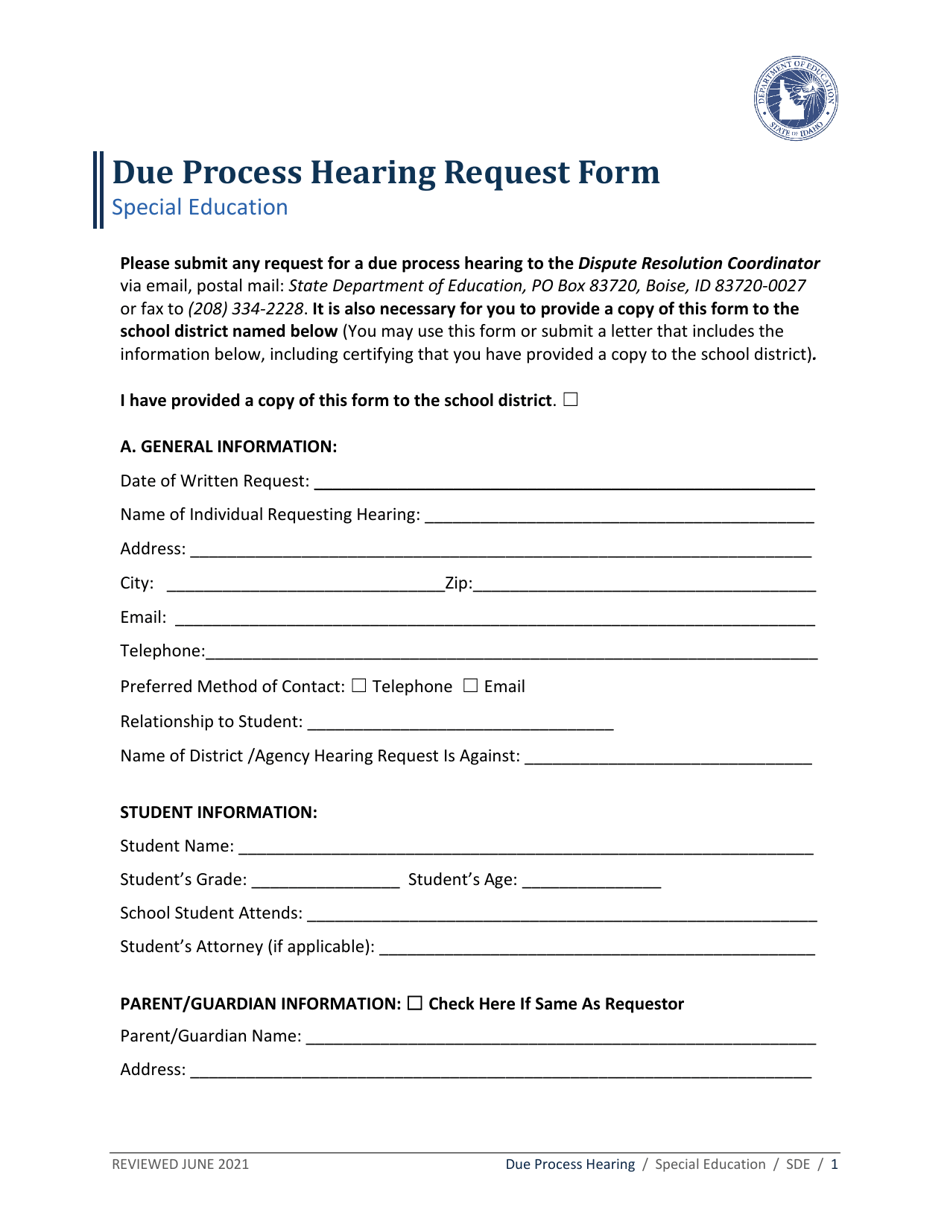 Due Process Hearing Request Form - Idaho, Page 1