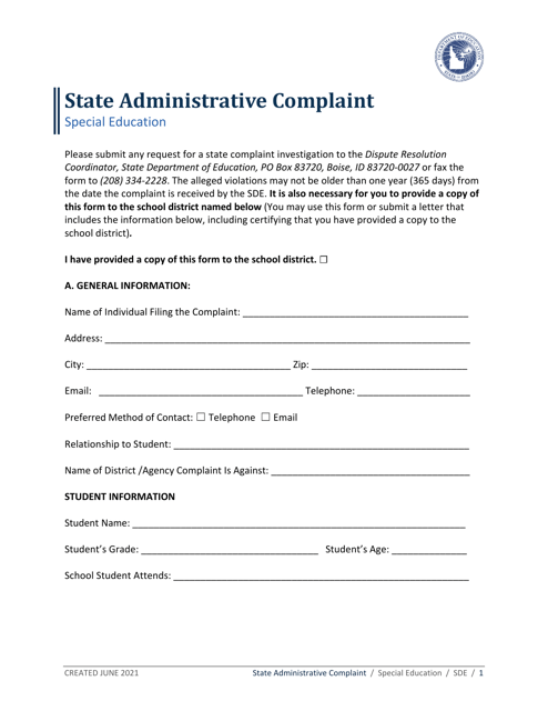 State Administrative Complaint - Idaho