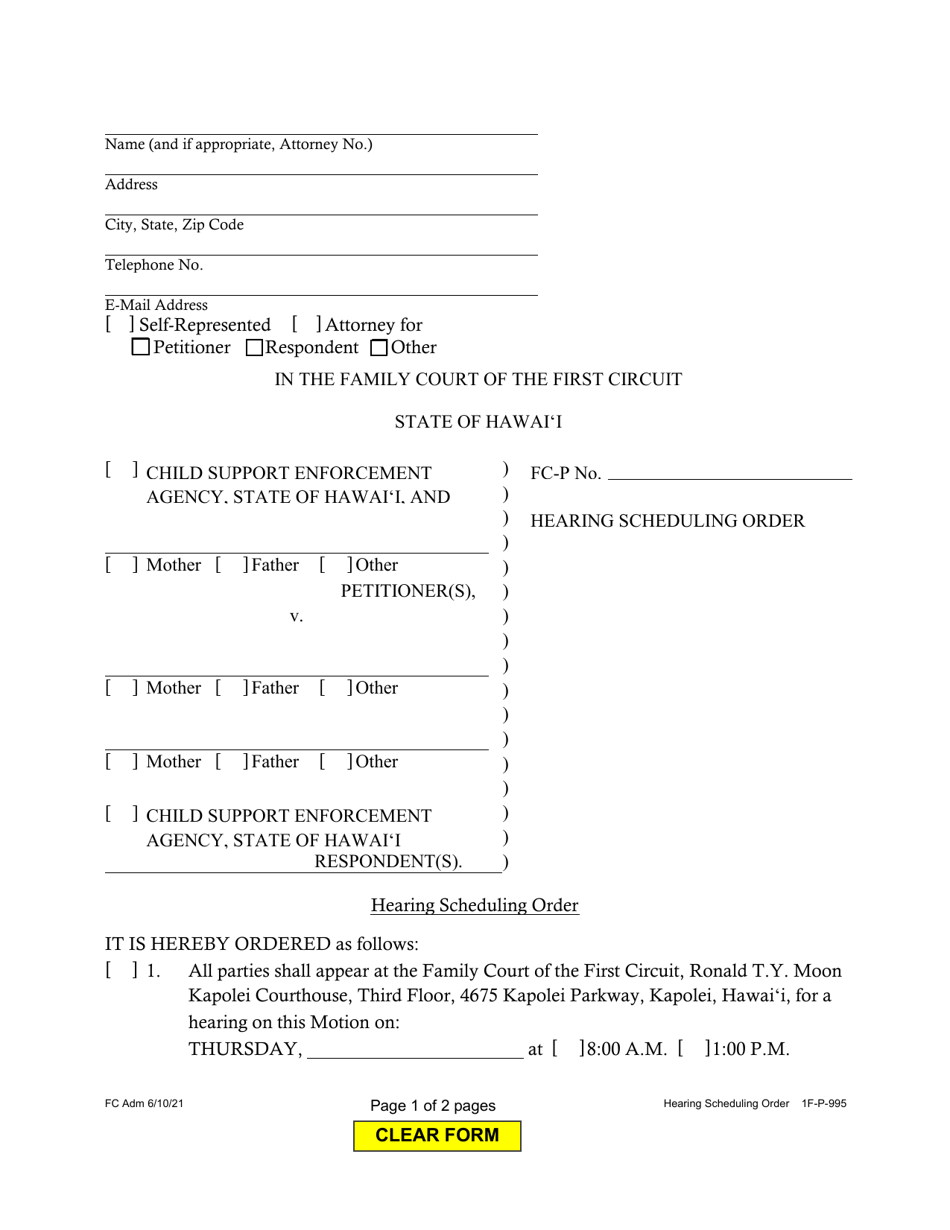 Form 1F-P-995 Hearing Scheduling Order - Hawaii, Page 1