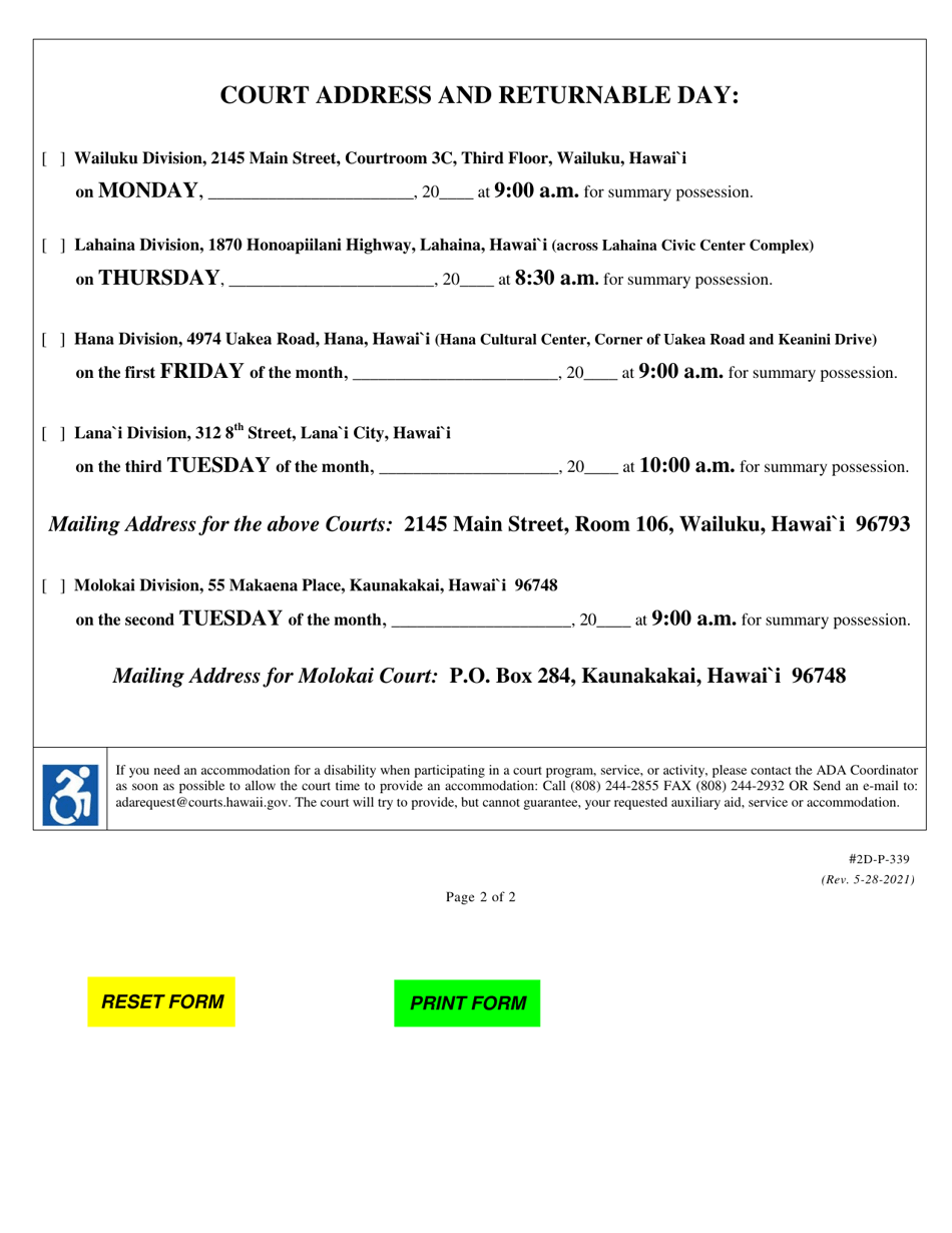 Form 2D-P-339 Summons for Summary Possession - Hawaii, Page 2