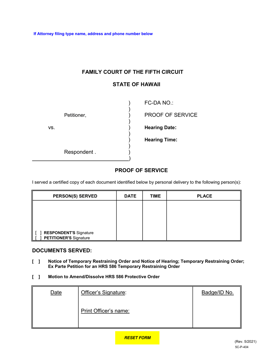 Form 5C-P-404 Proof of Service - Hawaii, Page 1