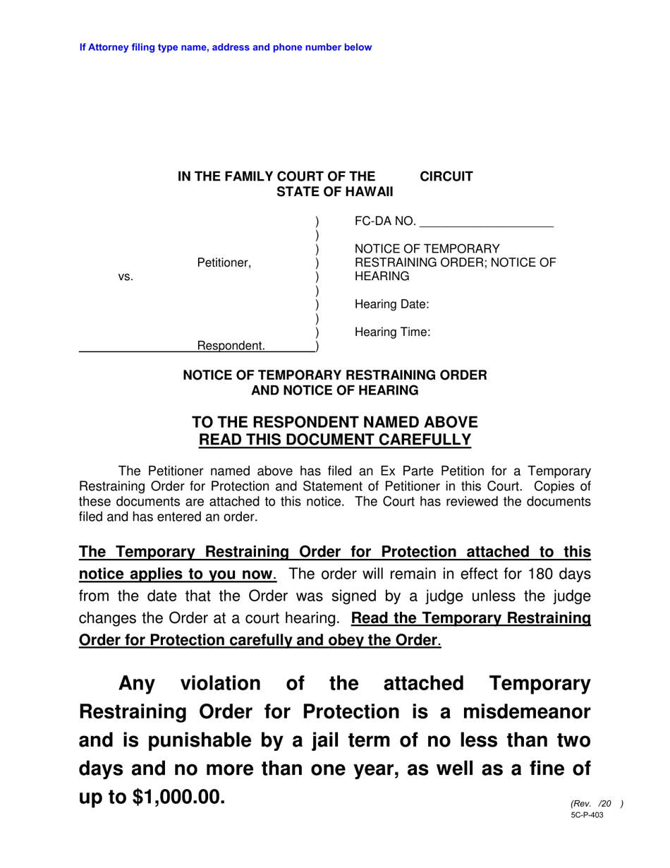 Form 5C-P-403 Notice of Temporary Restraining Order and Notice of Hearing - Hawaii, Page 1