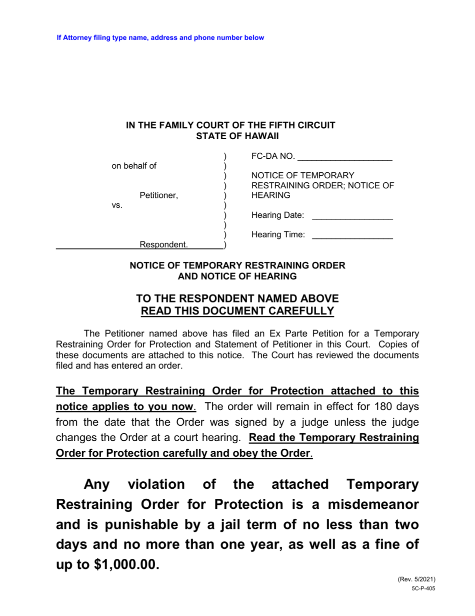 Form 5C-P-405 Notice of Temporary Restraining Order and Notice of Hearing - Hawaii, Page 1