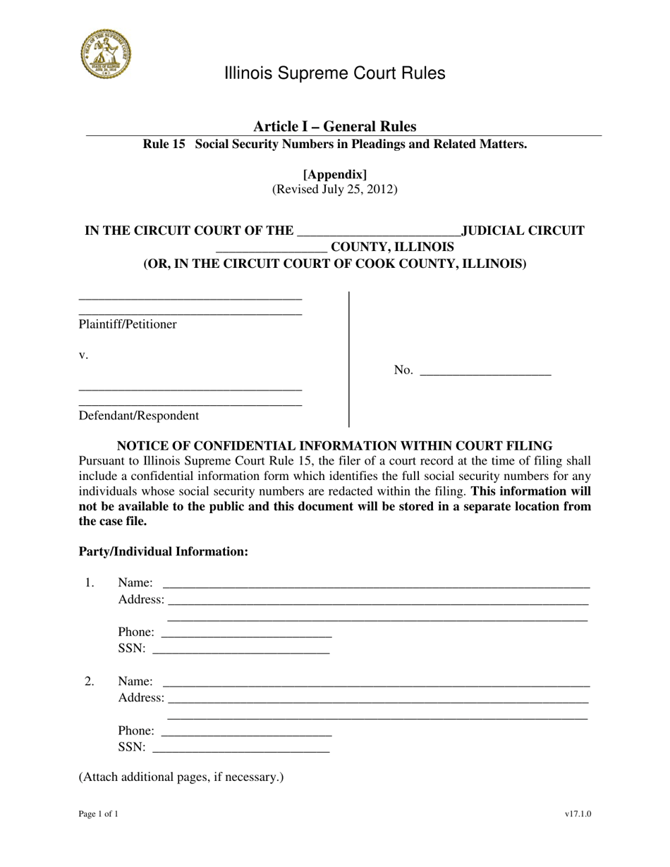 Illinois Notice of Confidential Information Within Court Filing Fill