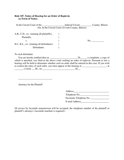 Notice of Hearing for an Order of Replevin - Illinois