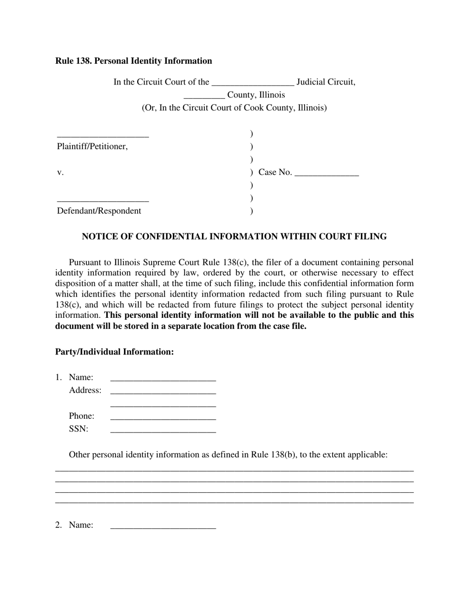 Illinois Personal Identity Information Rule 138 Fill Out, Sign Online and Download PDF