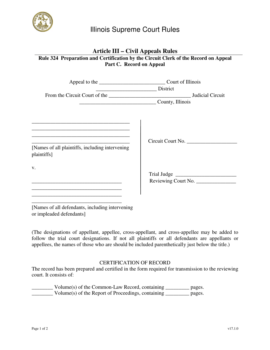 Illinois Certificate of Record on Appeal - Rule 324 - Fill Out, Sign ...