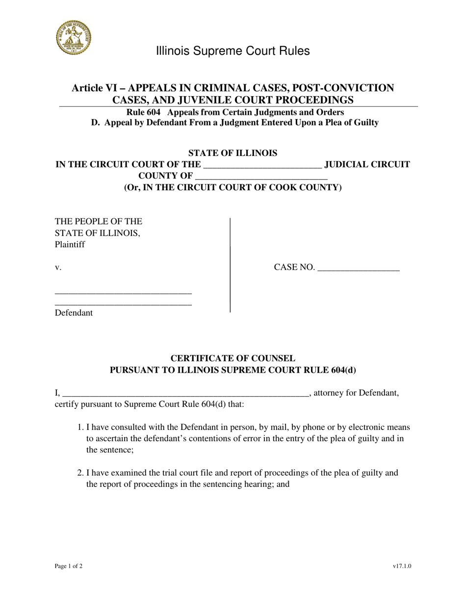 Certificate of Counsel Pursuant to Supreme Court Rule 604(D) - Illinois, Page 1