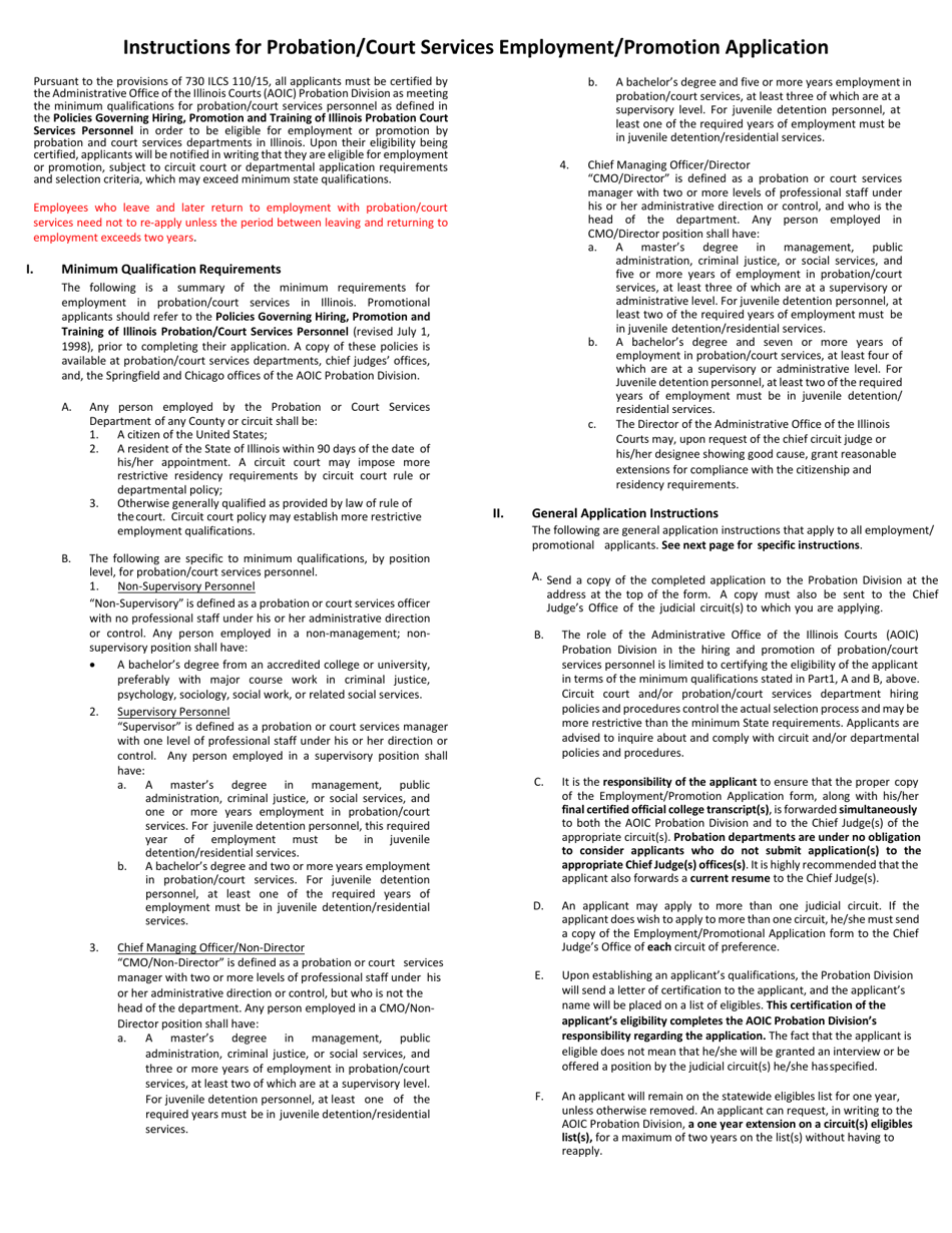 Instructions for Probation / Court Services Employment / Promotion Application - Illinois, Page 1