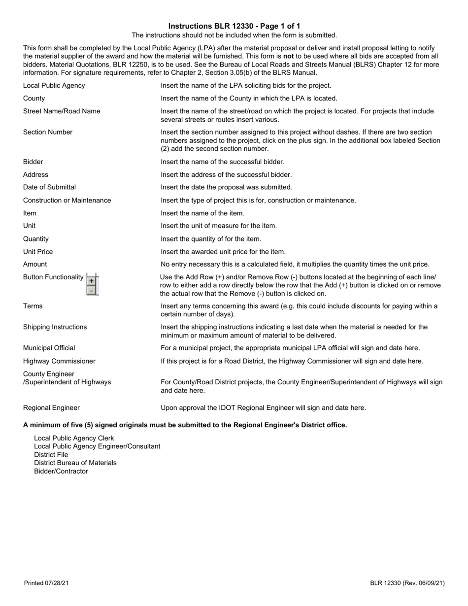 Form BLR12330 Acceptance of Proposal to Furnish Materials and Approval of Award - Illinois, Page 2