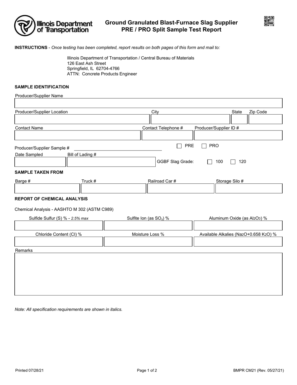Form BMPR CM21 Ground Granulated Blast-Furnace Slag Supplier Pre / Pro Split Sample Test Report - Illinois, Page 1