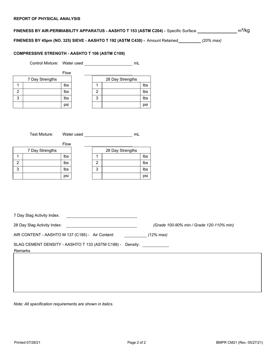 Form BMPR CM21 Ground Granulated Blast-Furnace Slag Supplier Pre / Pro Split Sample Test Report - Illinois, Page 2