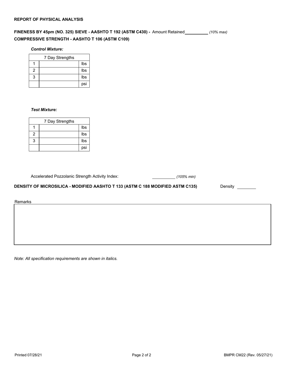 Form BMPR CM22 Silica Fume (Microsilica) Producer Pre / Pro Split Sample Test Report - Illinois, Page 2