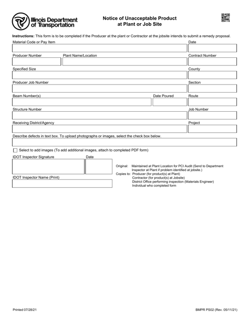 Form BMPR PS02 Notice of Unacceptable Product at Plant or Job Site - Illinois