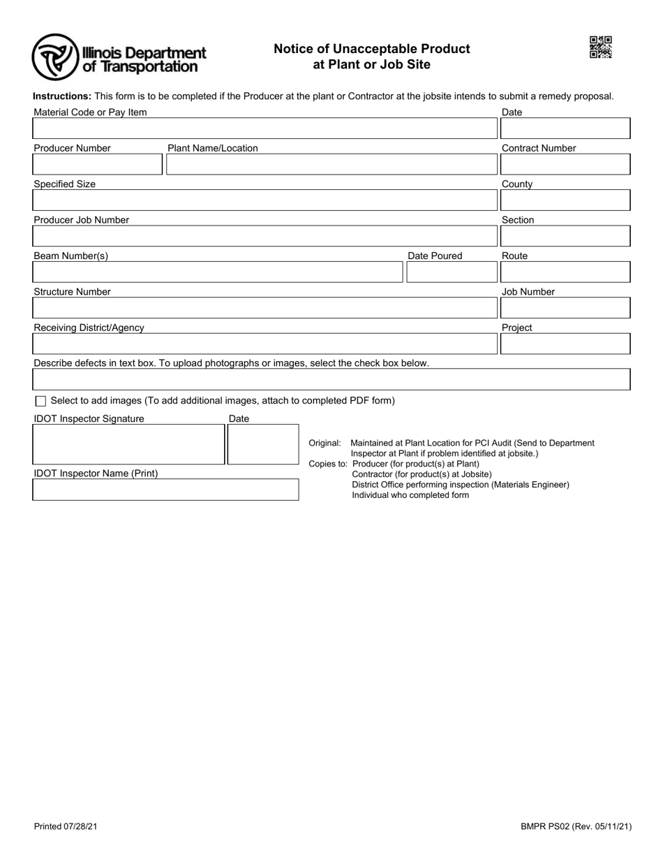 Form BMPR PS02 Notice of Unacceptable Product at Plant or Job Site - Illinois, Page 1
