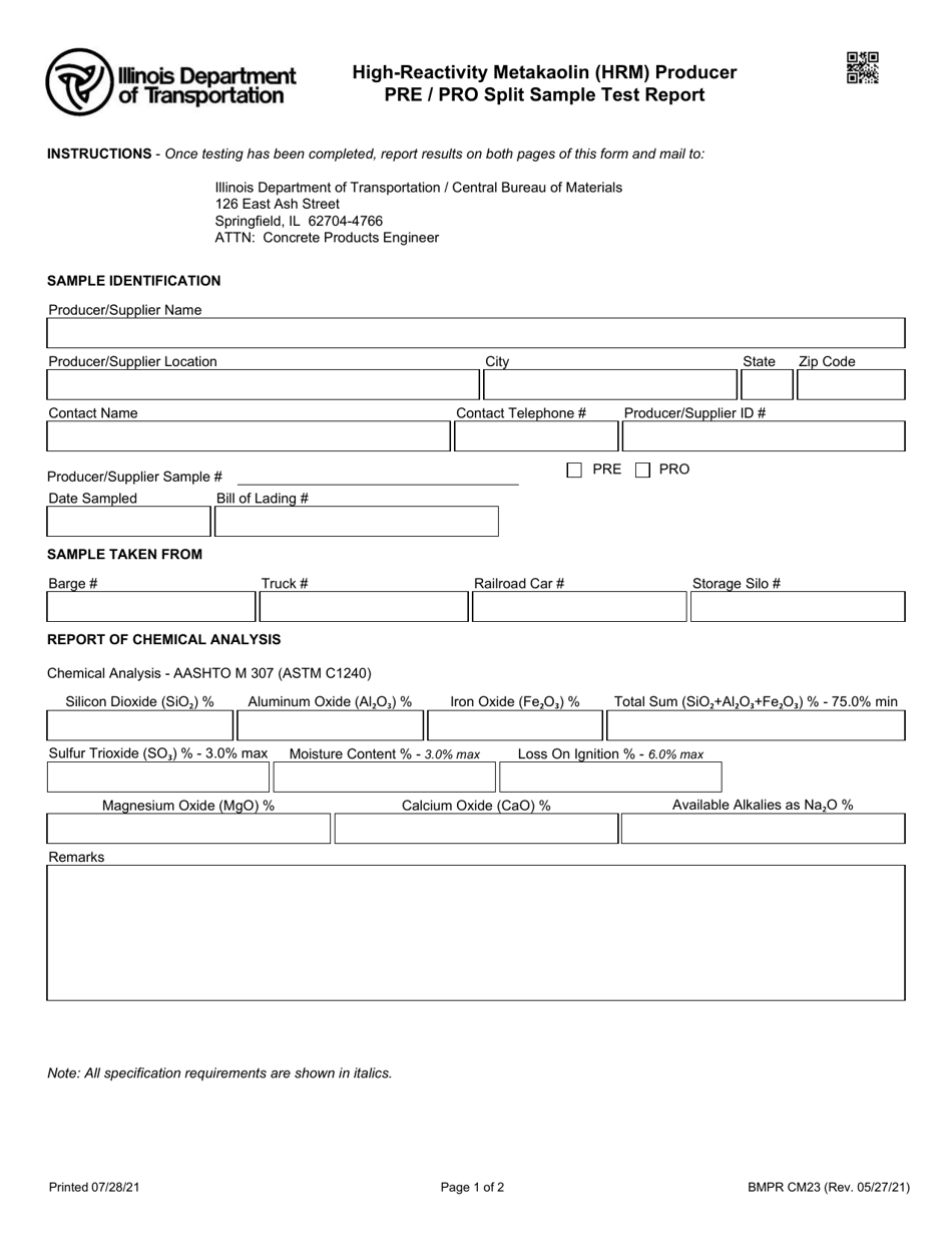 Form BMPR CM23 High-Reactivity Metakaolin (Hrm) Producer Pre / Pro Split Sample Test Report - Illinois, Page 1