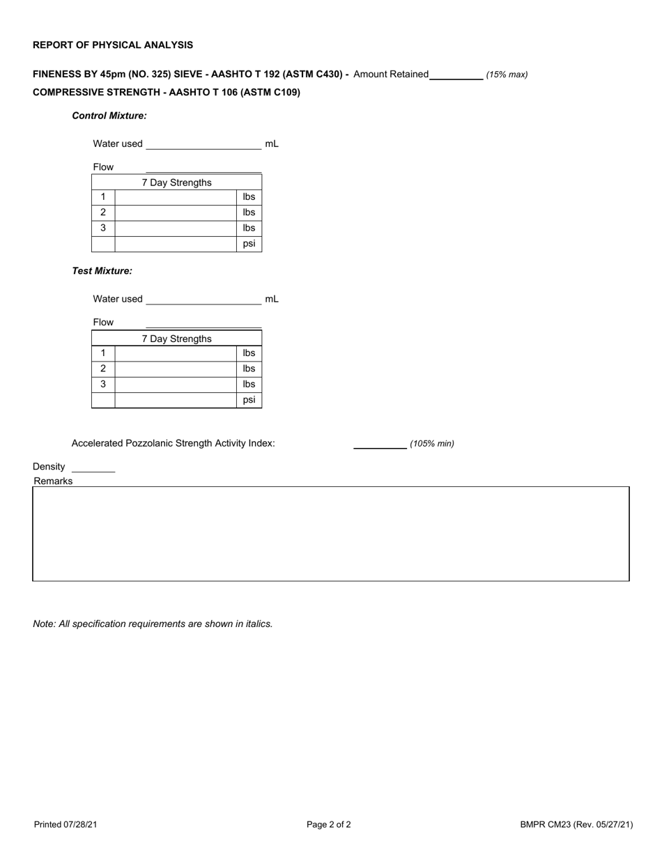 Form BMPR CM23 High-Reactivity Metakaolin (Hrm) Producer Pre / Pro Split Sample Test Report - Illinois, Page 2
