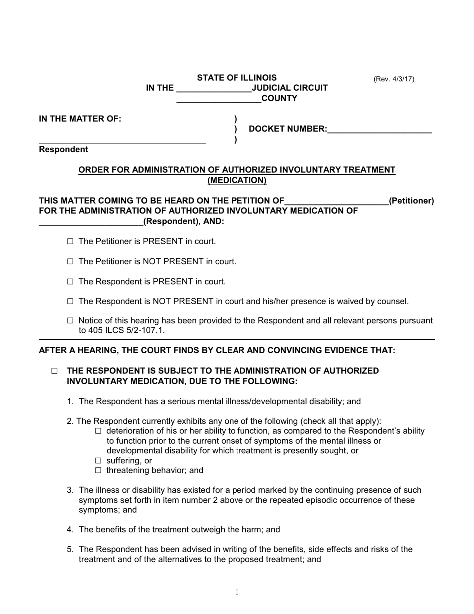Order for Administration of Authorized Involuntary Treatment (Medication) - Illinois, Page 1