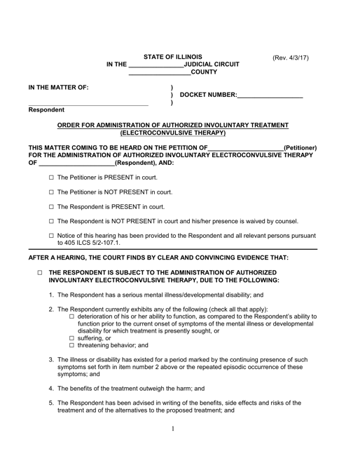 Order for Administration of Authorized Involuntary Treatment (Electroconvulsive Therapy) - Illinois