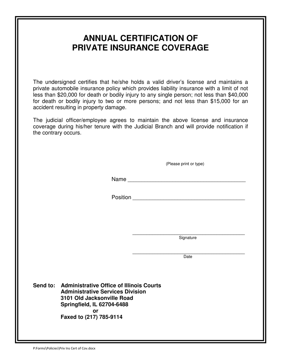 Annual Certification of Private Insurance Coverage - Illinois, Page 1