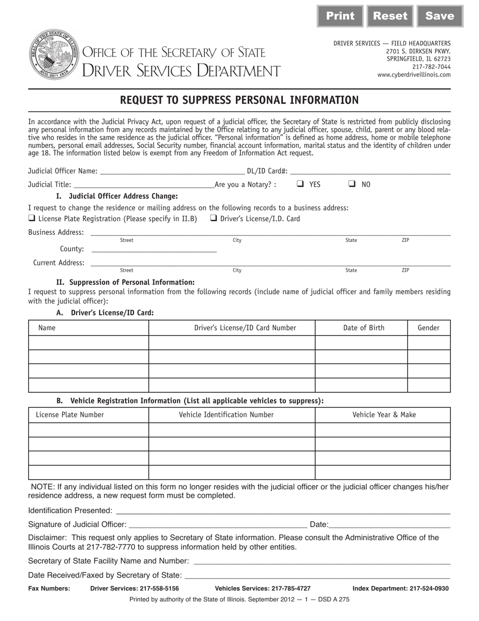 Form DSD A275 Request to Suppress Personal Information - Illinois, Page 1