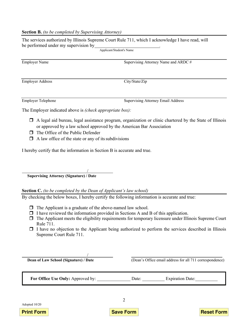 Law School Graduate Application for Temporary Licensure Under Illinois Supreme Court Rule 711 - Illinois, Page 2
