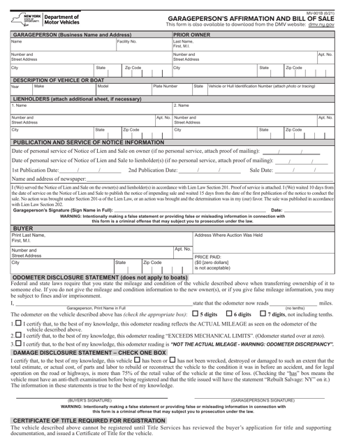 Form MV-901B Garageperson's Affirmation and Bill of Sale - New York