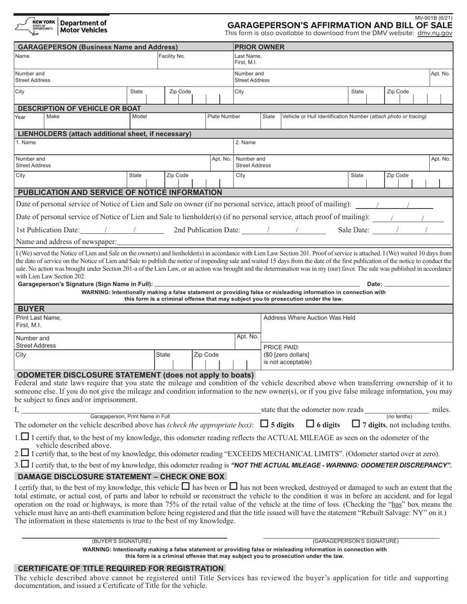 Form MV-901B Download Fillable PDF or Fill Online Garageperson's ...