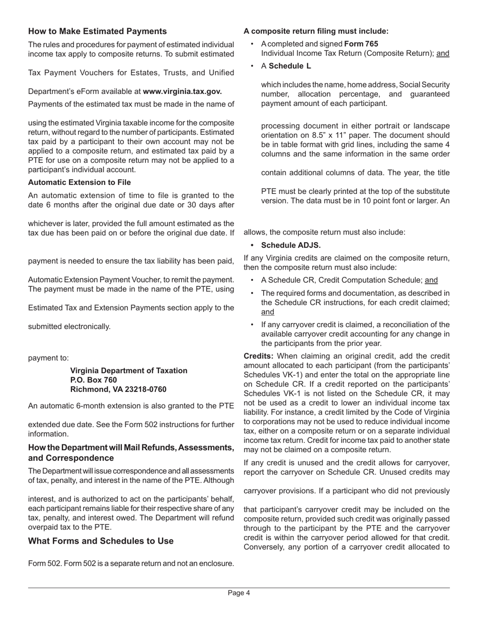 Instructions for Form 765 Unified Nonresident Individual Income Tax Return (Composite Return) - Virginia, Page 12