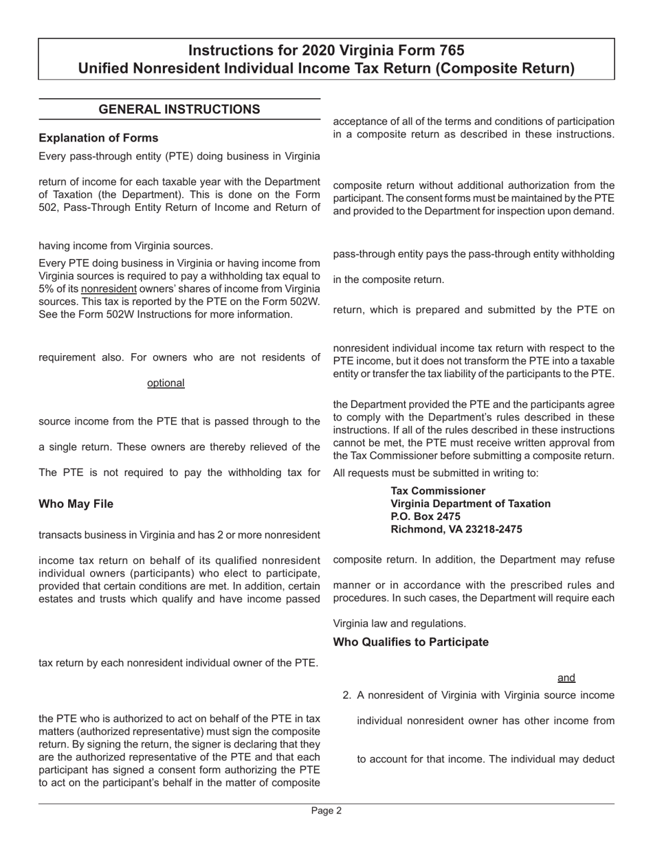 Instructions for Form 765 Unified Nonresident Individual Income Tax Return (Composite Return) - Virginia, Page 4