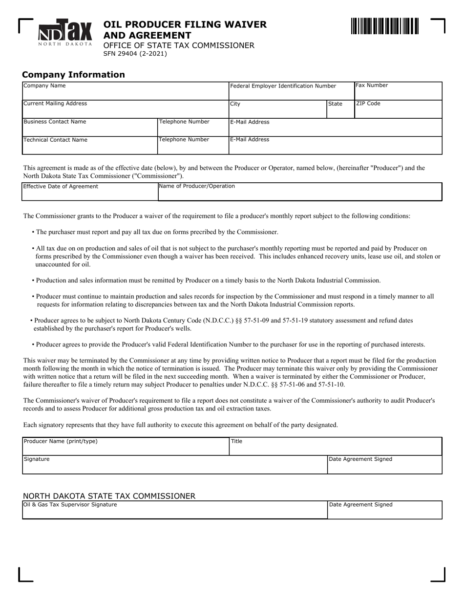 Form SFN29404 Oil Producer Filing Waiver and Agreement - North Dakota, Page 1