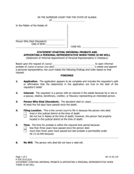 Form P-326 Statement Starting Informal Probate and Appointing a Personal Representative When There Is No Will - Alaska