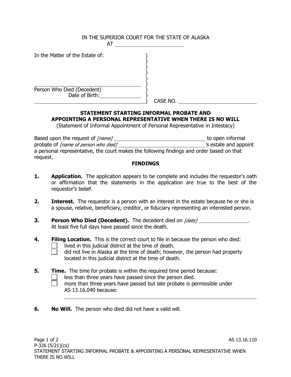 Form P-326 Statement Starting Informal Probate and Appointing a Personal Representative When There Is No Will - Alaska, Page 1