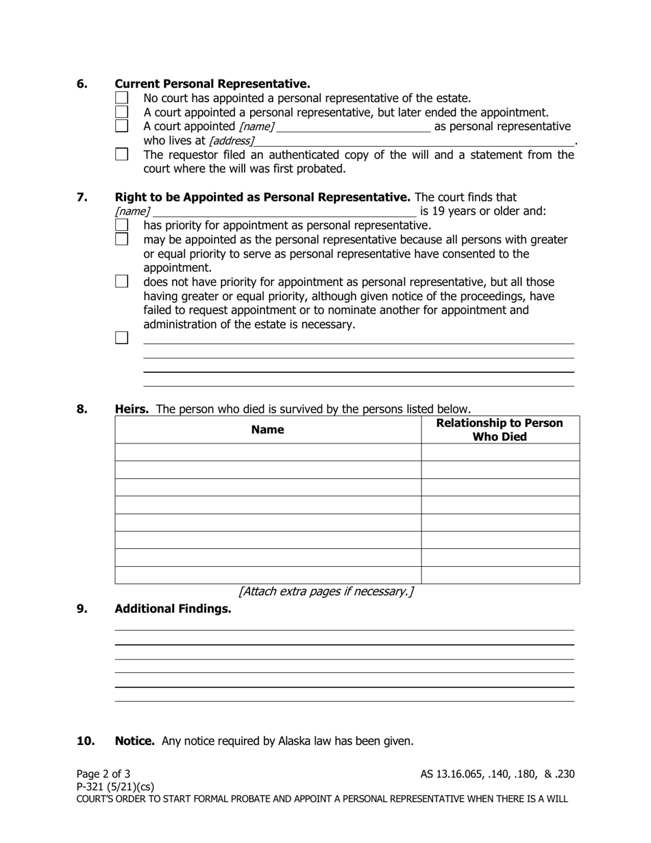 Form P-321 Courts Order to Start Formal Probate and Appoint a Personal Representative When There Is a Will - Alaska, Page 2