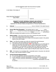 Form P-325 Request to Start Informal Probate and Appoint a Personal Representative When There Is No Will - Alaska