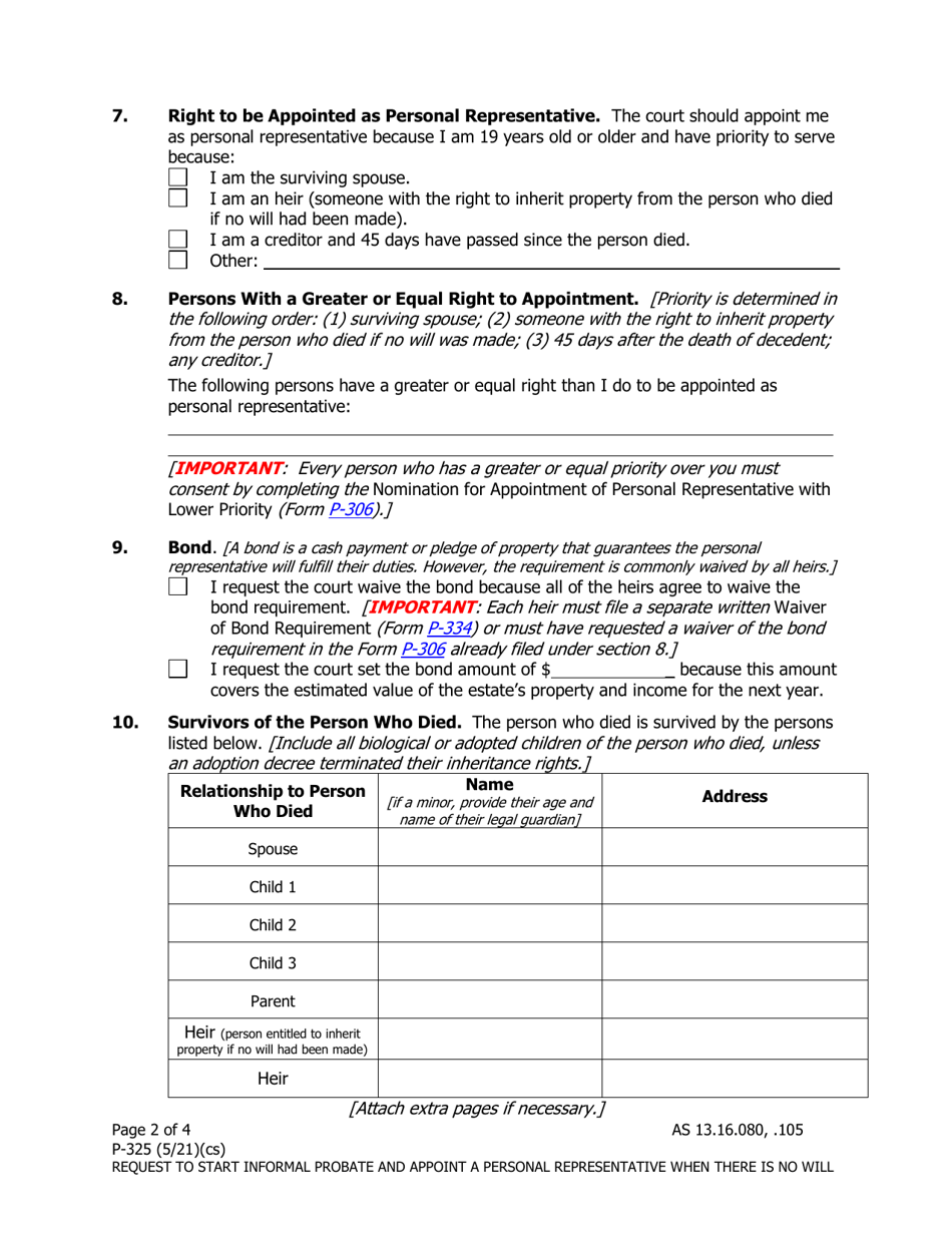Form P-325 Request to Start Informal Probate and Appoint a Personal Representative When There Is No Will - Alaska, Page 2