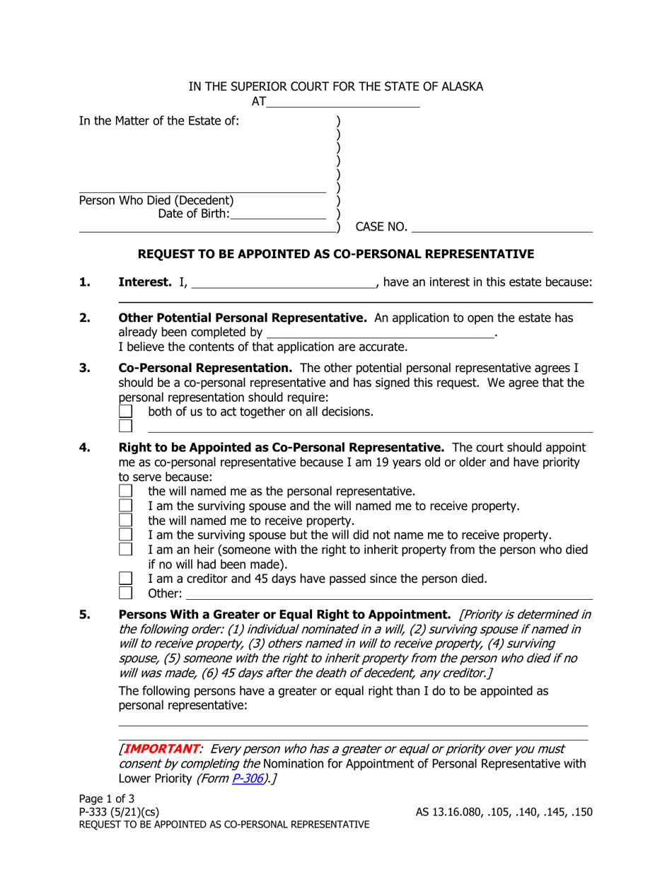 Form P-333 Request to Be Appointed as Co-personal Representative - Alaska, Page 1