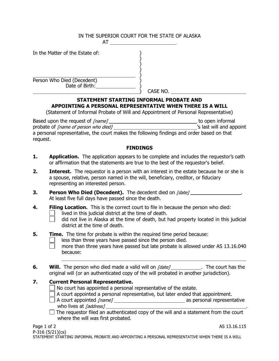 Form P-316 Statement Starting Informal Probate and Appointing a Personal Representative When There Is a Will - Alaska, Page 1
