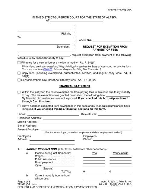 Form TF-920 Request for Exemption From Payment of Fees - Alaska