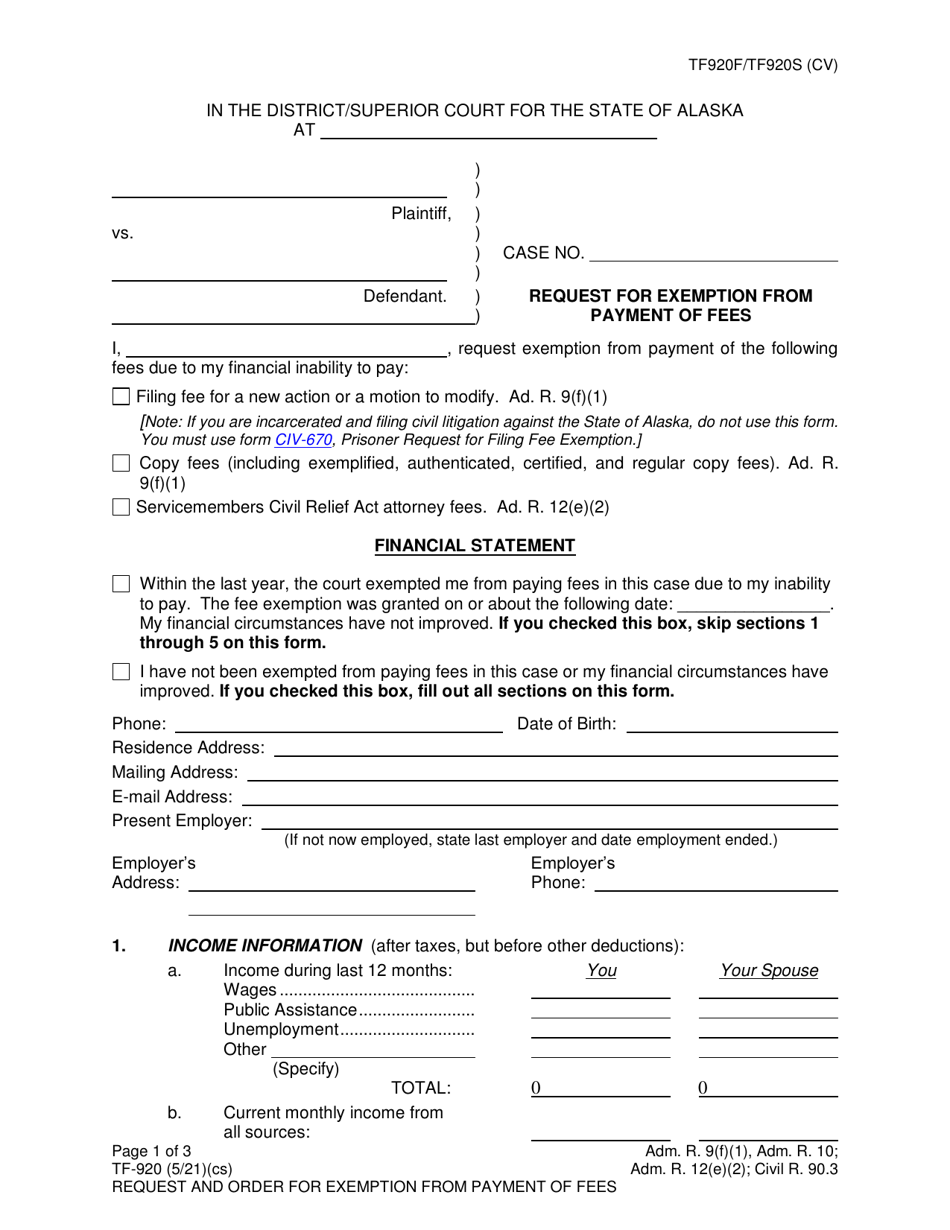 Form TF-920 Request for Exemption From Payment of Fees - Alaska, Page 1