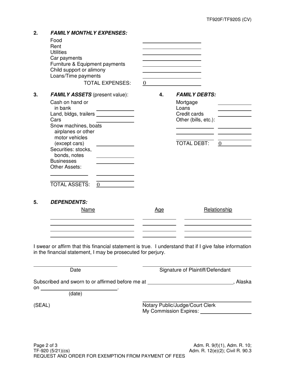 Form Tf 920 Download Fillable Pdf Or Fill Online Request For Exemption From Payment Of Fees 1096