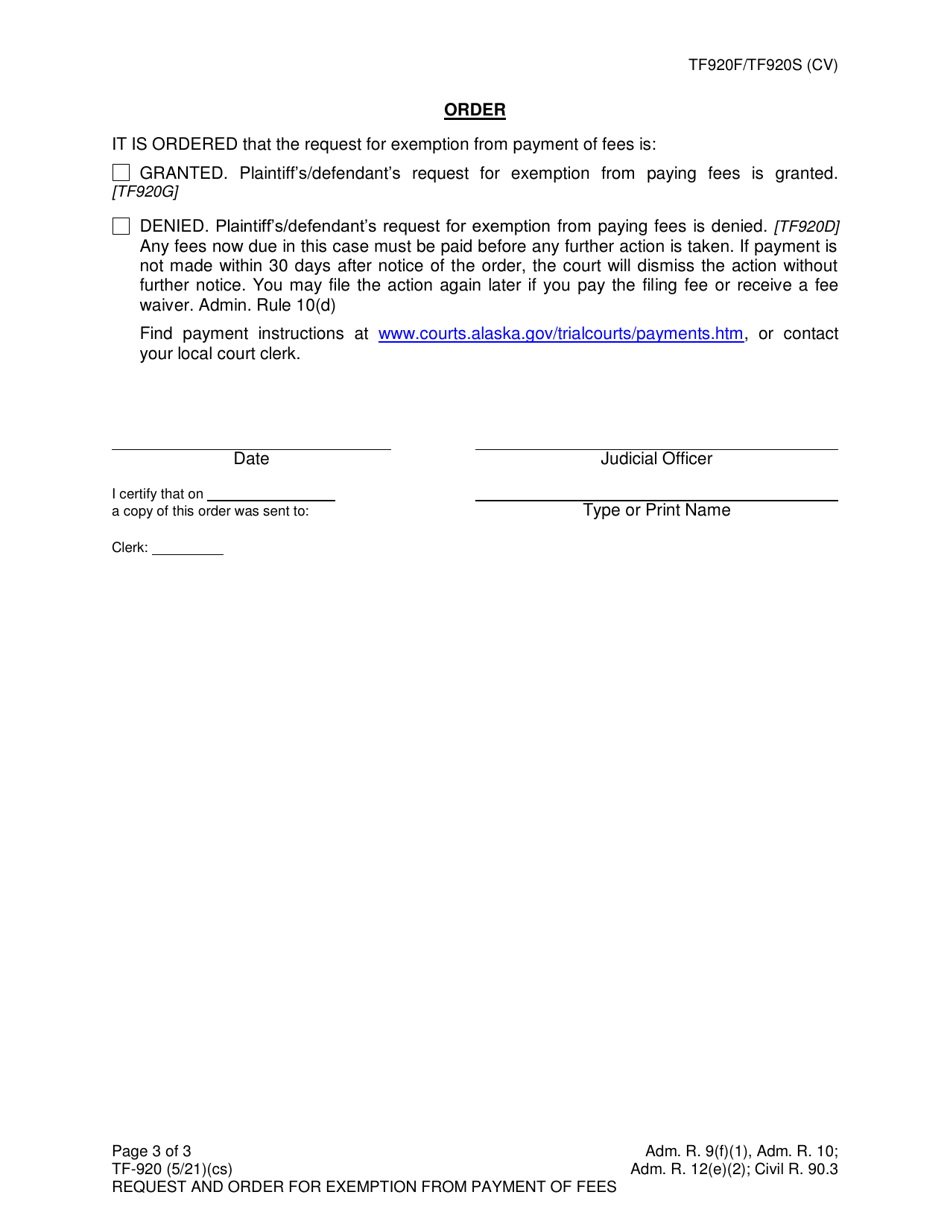 Form TF-920 Request for Exemption From Payment of Fees - Alaska, Page 3