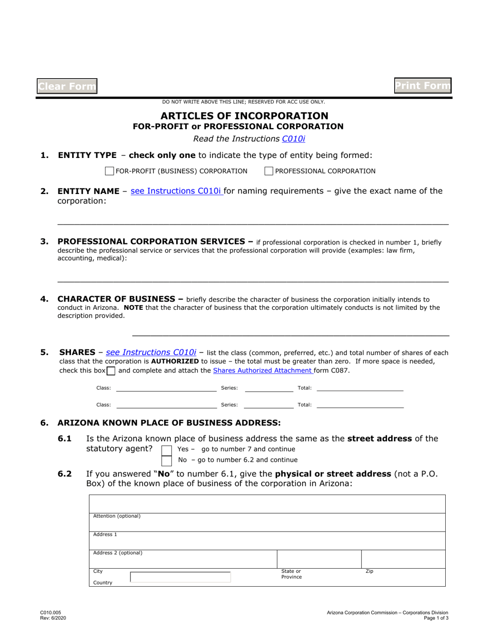 Form C010 Articles of Incorporation - for-Profit or Professional Corporation - Arizona, Page 1