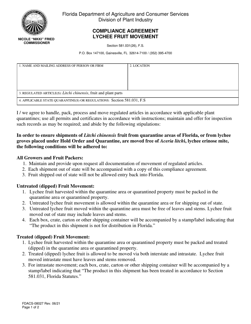 Form FDACS-08027 Compliance Agreement Lychee Fruit Movement - Florida, Page 1