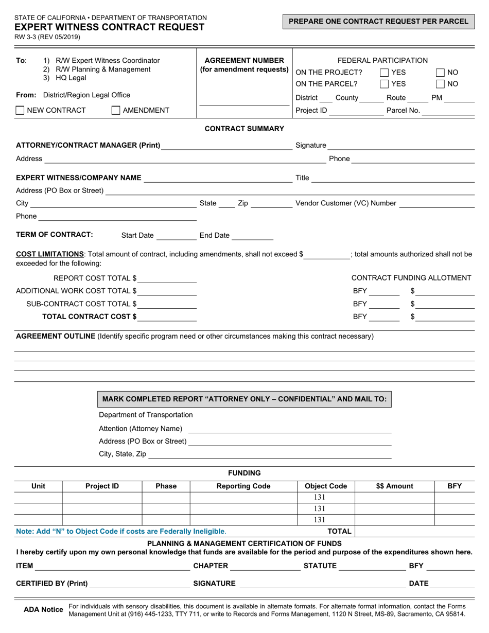 Form RW3-3 Expert Witness Contract Request - California, Page 1