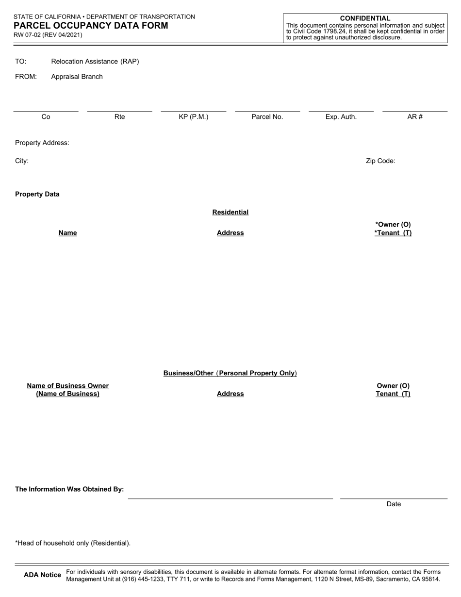 Form RW07-02 Parcel Occupancy Data Form - California, Page 1