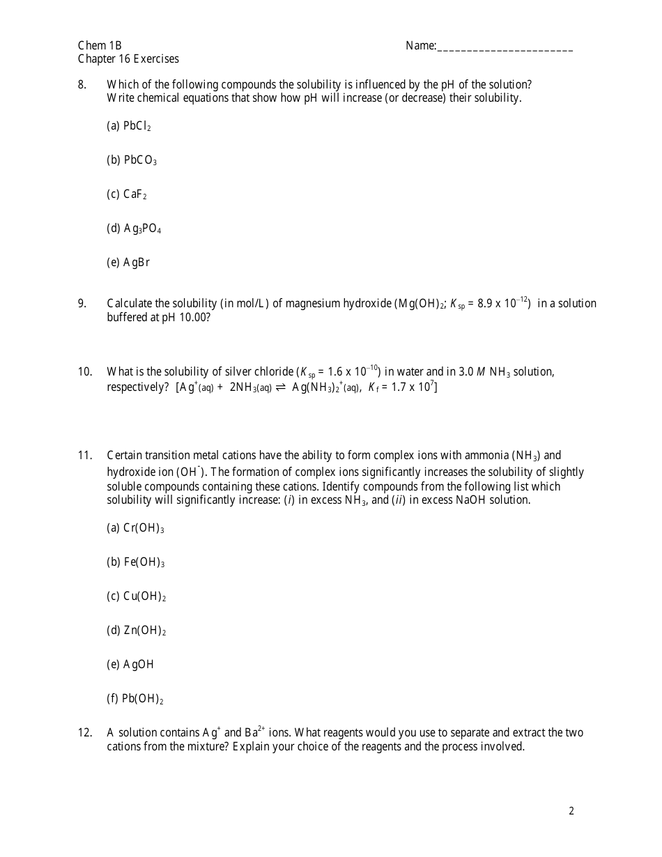 Solubility and Complex Equilibria Worksheet With Answer Key - Chemistry ...