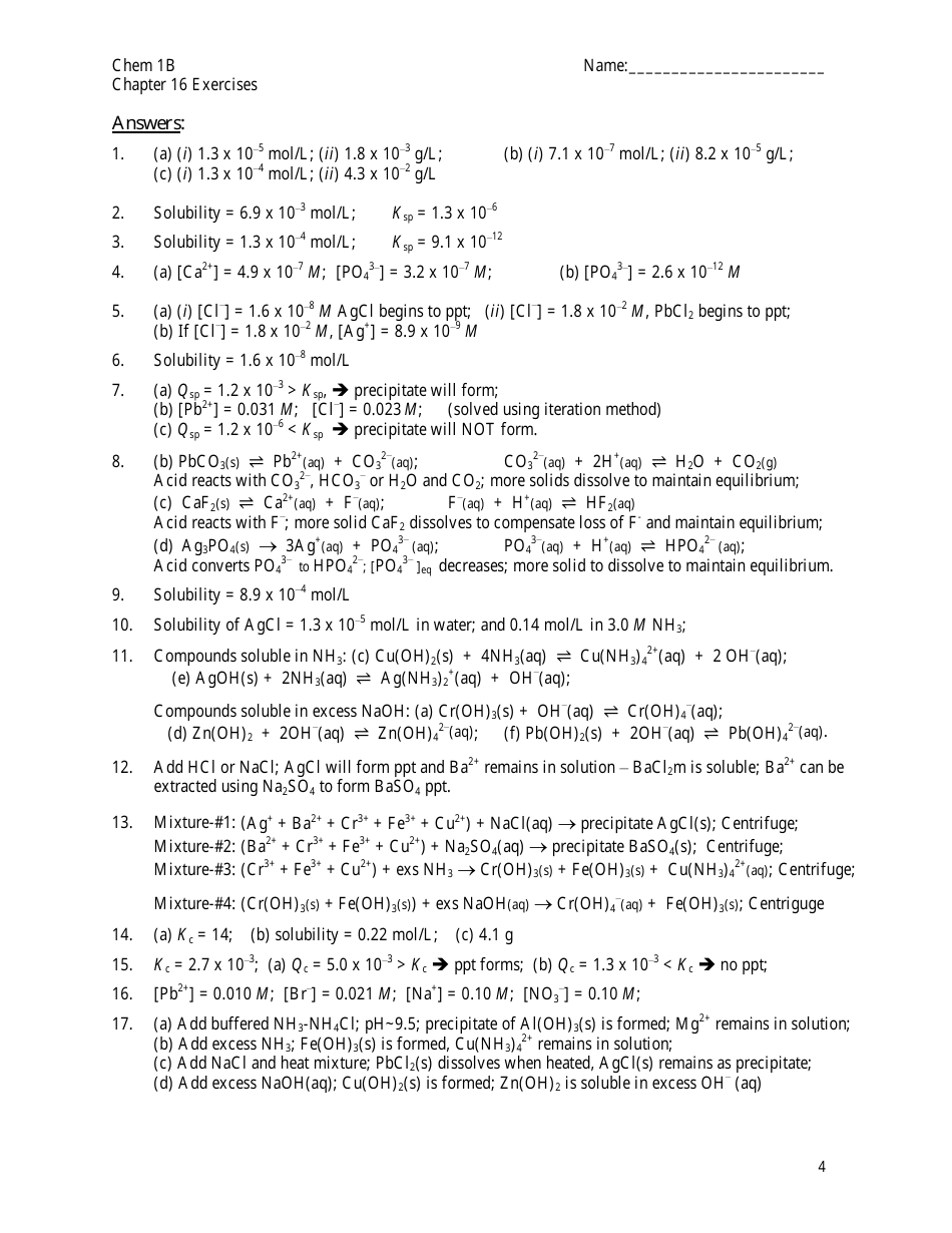 Solubility and Complex Equilibria Worksheet With Answer Key - Chemistry 1b, Siraj Omar, Berkeley City College, Page 4