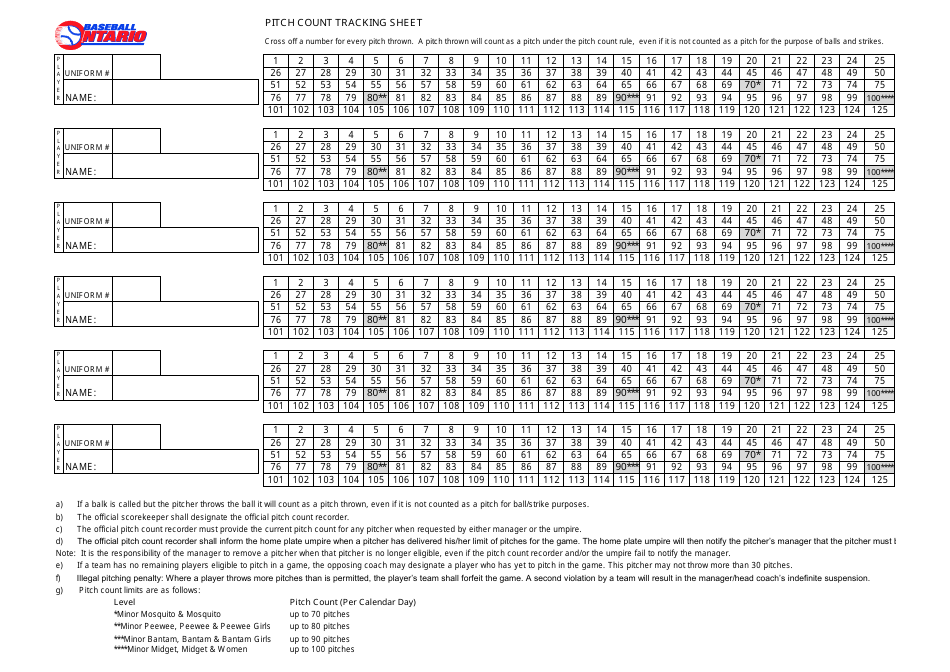 Pitch Count Tracking Sheet Baseball Ontario Download Printable PDF