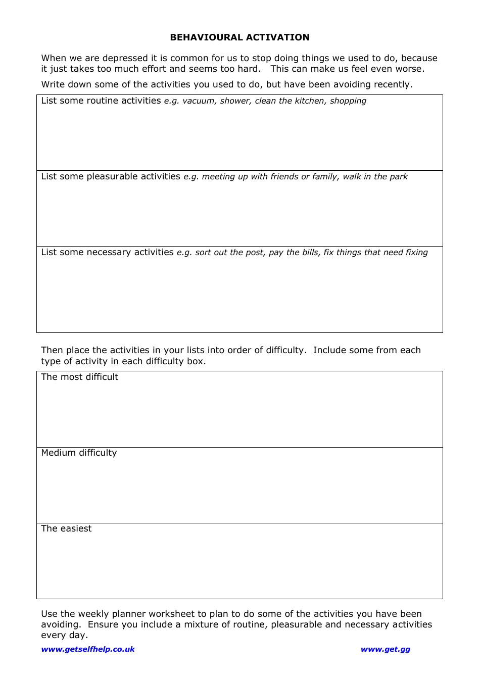 Behavioural Activation Chart Template Download Printable PDF ...